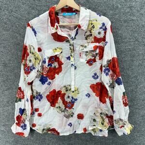 Junee Shirt Women L Large White Floral Button Up Collared Long Sleeve Pockets